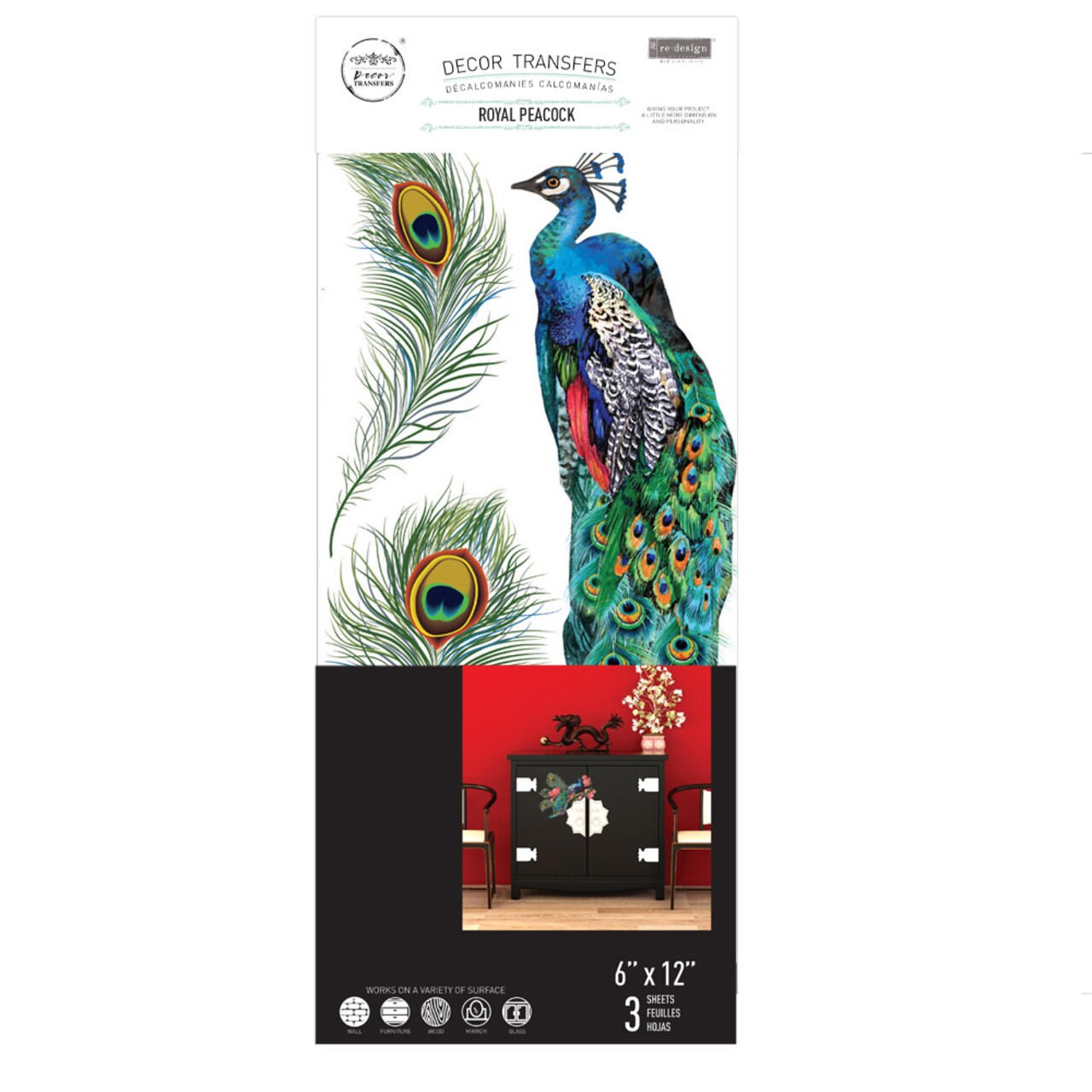 Royal Peacock - Small Transfers 6"x12" 3 sheets Rub on Transfers for Furniture Vintage Rub on Transfers Stickers for Crafts Classic Spring Summer Autumn Decoration Transfers